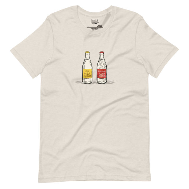Clean paint brush illustration of still and sparkling water bottles on a café table, short sleeve t-shirt.