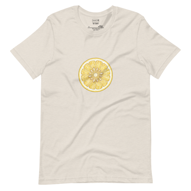 Hand-drawn color pencil illustration of a lemon cross slice in natural yellows on a Minimalist Short Sleeve T-Shirt.