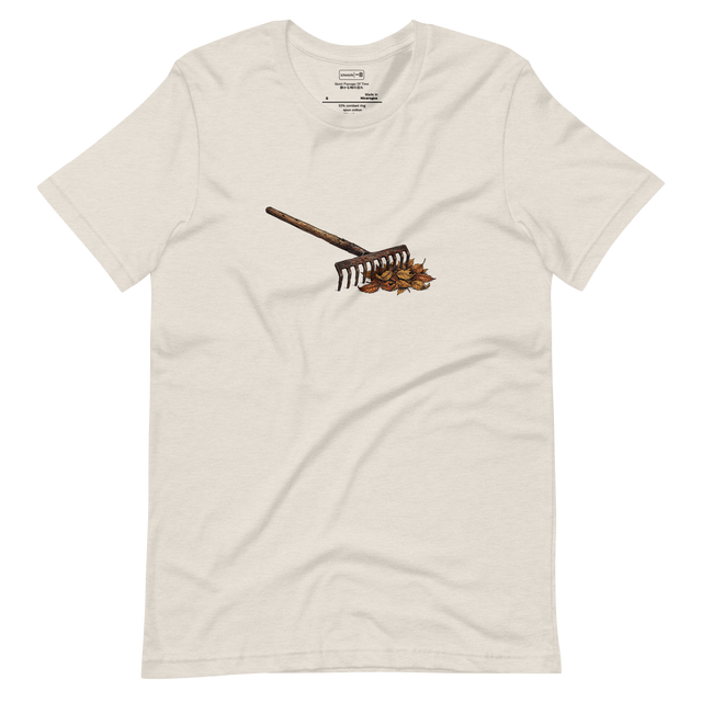 Cross-hatch ink and colored pencil illustration of a well-used rake and fall leaves on a Short Sleeve T-Shirt.