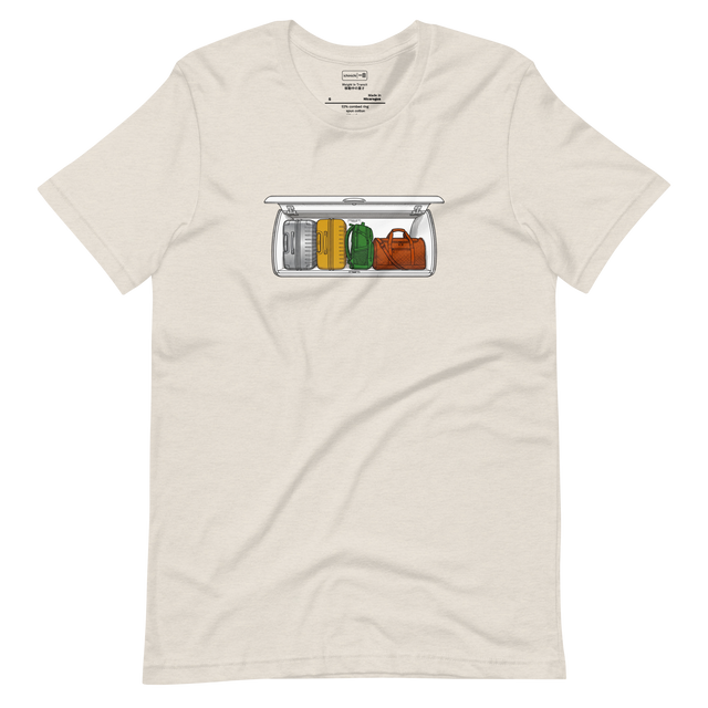 Professional digital illustration of luggage in an overhead bin in cross-hatch ink printed on a Short Sleeve T-Shirt