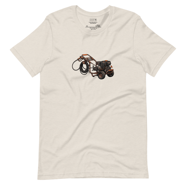 Cross-hatch ink drawing of a worn pressure washer with rust and orange details printed on a Short Sleeve T-Shirt.
