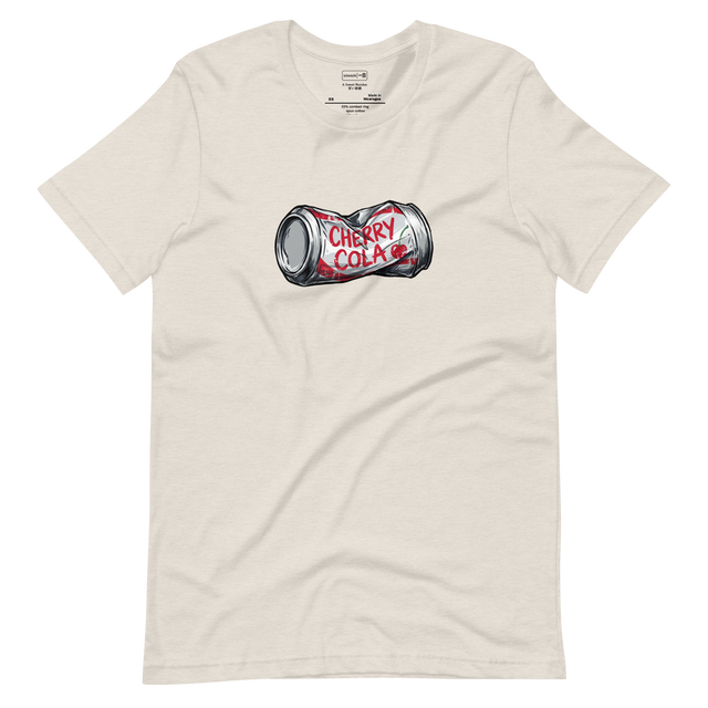 Heavy marker illustration of a crushed silver soda can with red cherry cola lettering on a short sleeve t-shirt.
