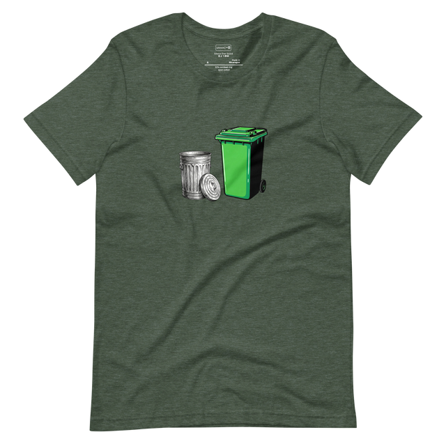Minimalist T-Shirt design featuring a side-by-side line drawing of a vintage metal trash can and a modern green plastic recycle bin.