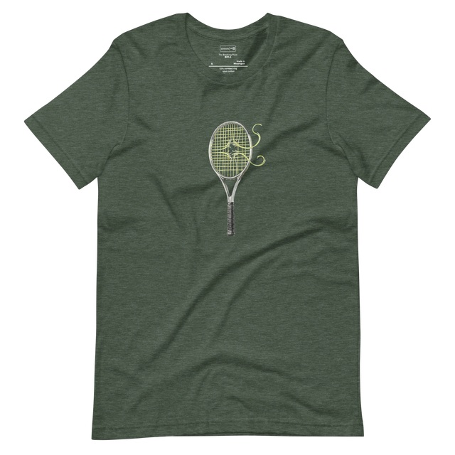 Minimalist line art illustration of a frayed and broken tennis racquet string on a Short Sleeve T-Shirt.