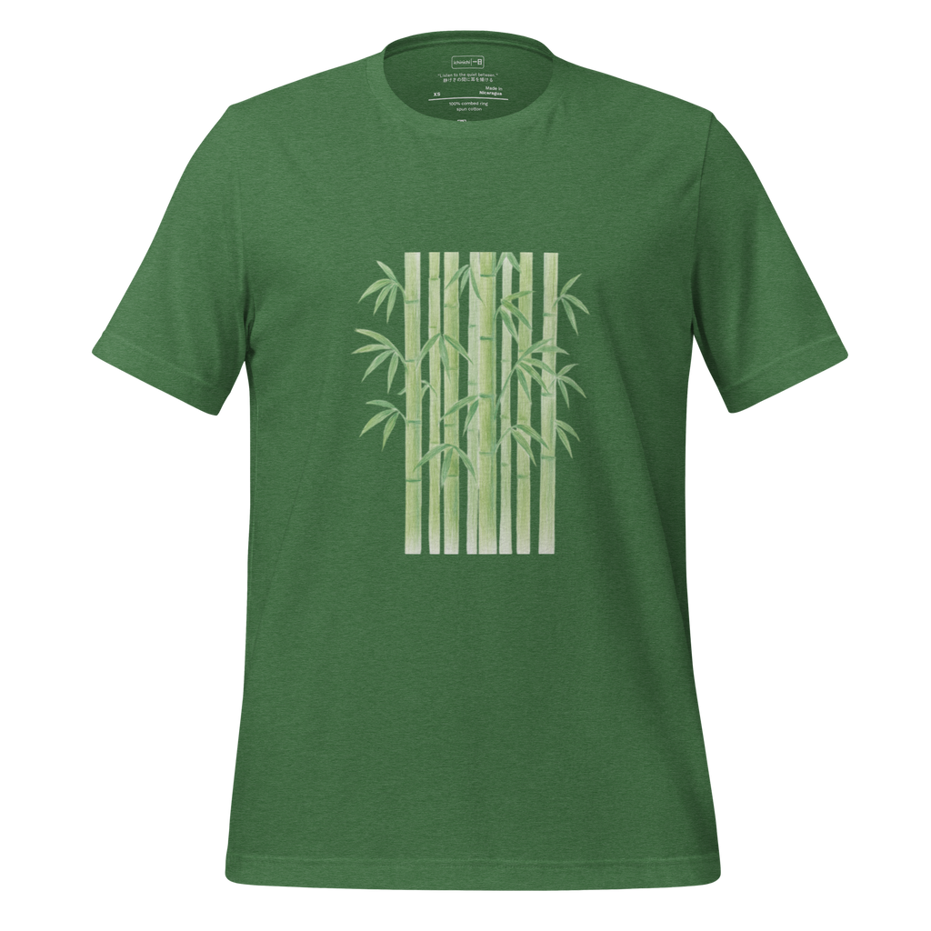  Minimalist line illustration of Kyoto bamboo forest with vertical stalks and soft shading, calm Japanese-inspired T-Shirt design.