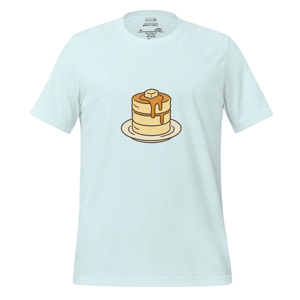 Minimal illustration of a stack of fluffy Japanese pancakes with syrup and butter.
