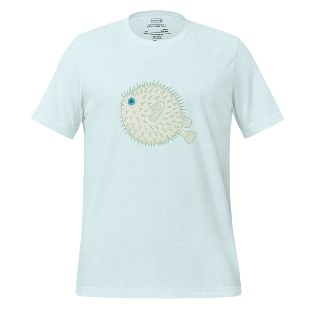 Stippled green illustration of a pufferfish with bright blue eyes, minimalist and softly textured.