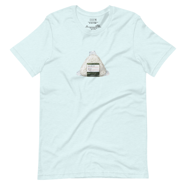 Minimalist T-Shirt design showing an onigiri in clear plastic wrap with label, price, weight, and expiration date.
