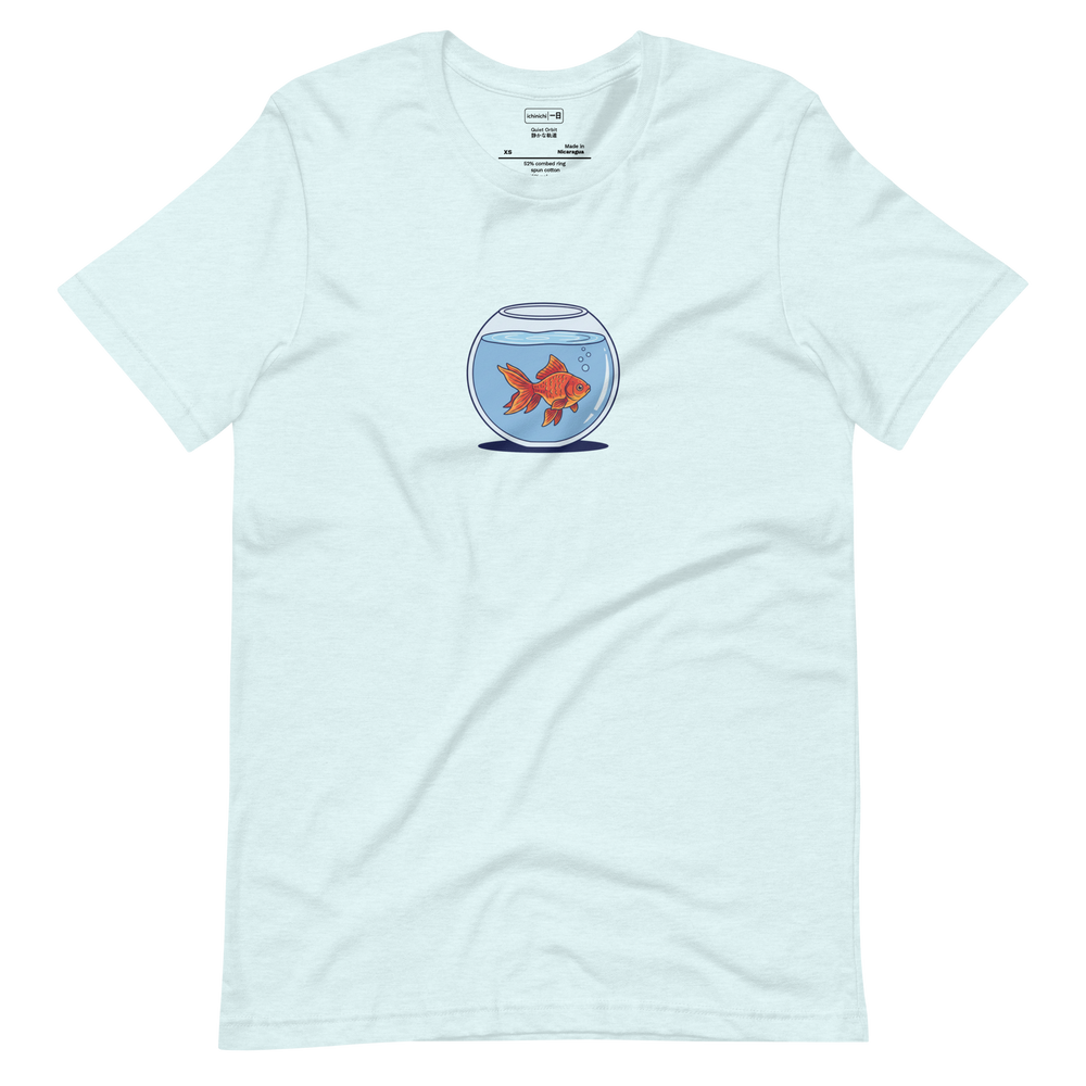 Minimalist line art illustration of a goldfish in a glass bowl on a white Short Sleeve T-Shirt.