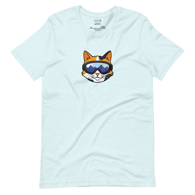 Front view marker illustration of a calico cat head wearing black ski goggles with a purple mountain reflection on a Short Sleeve T-Shirt.