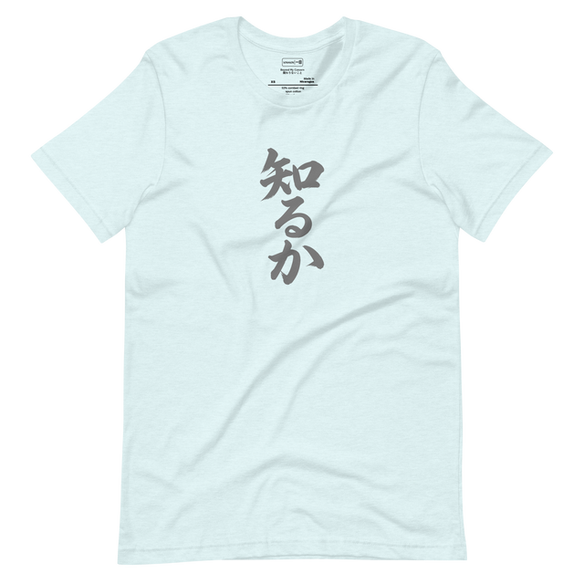 Pewter calligraphy of Japanese kanji 知るか on a Short Sleeve T-Shirt, minimal brush stroke style.