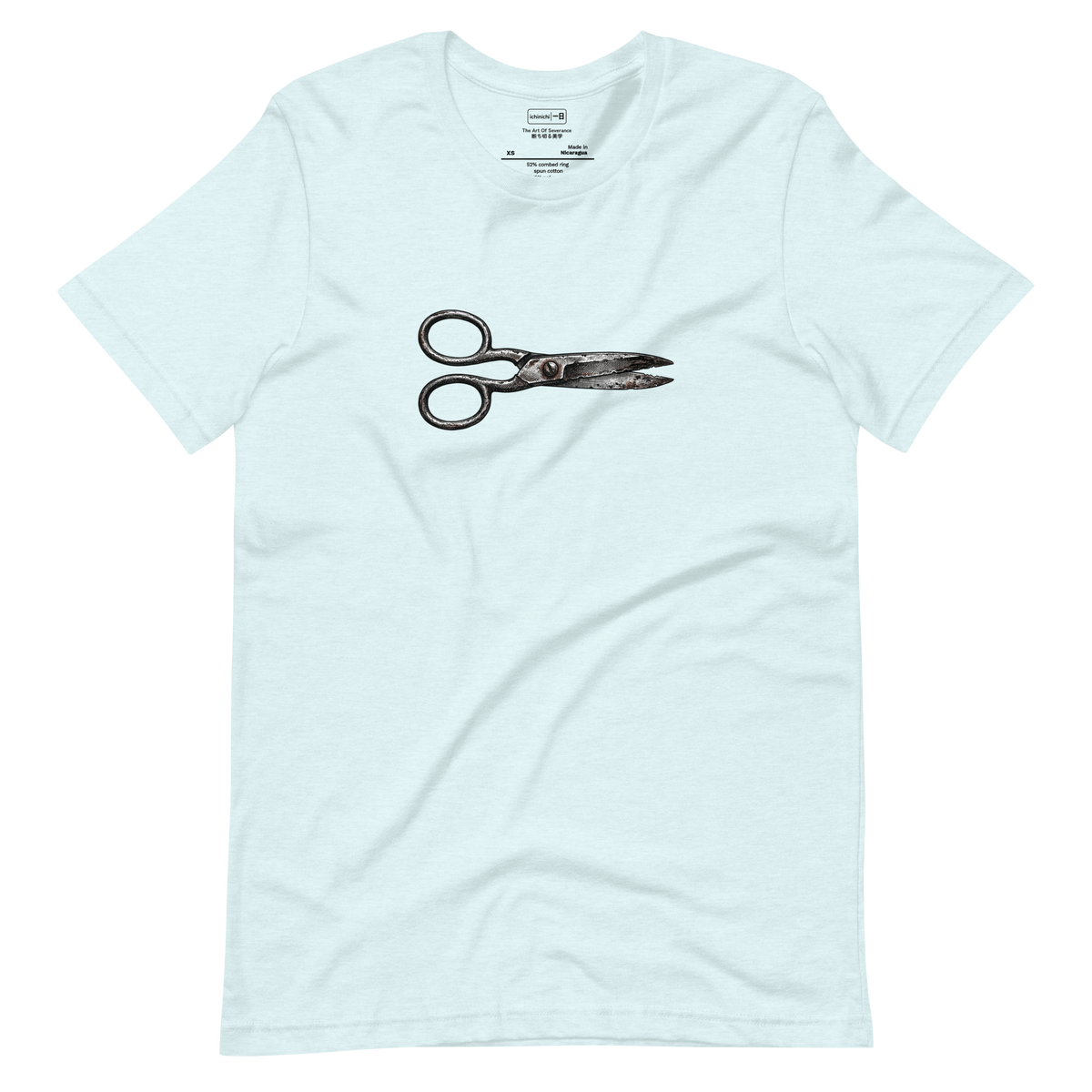 Cross-hatch ink illustration of vintage scissors lying horizontal on a Short Sleeve T-Shirt.