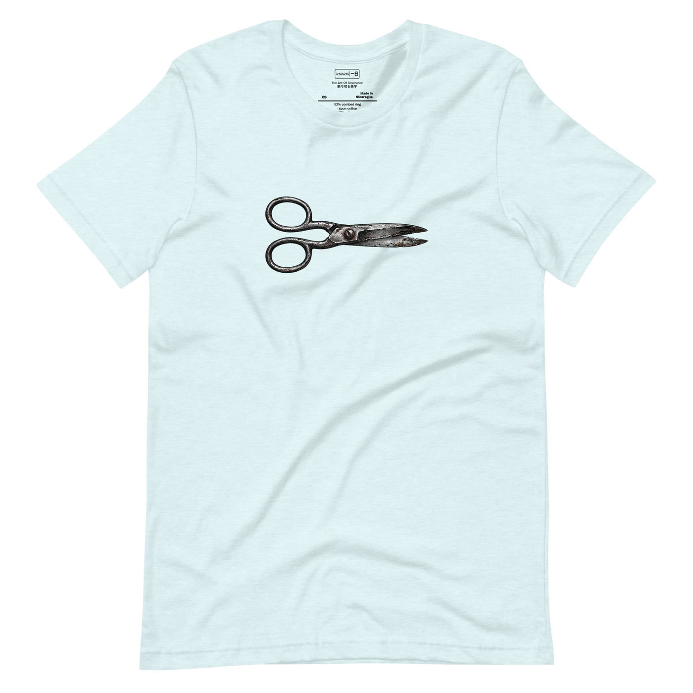 Cross-hatch ink illustration of vintage scissors lying horizontal on a Short Sleeve T-Shirt.