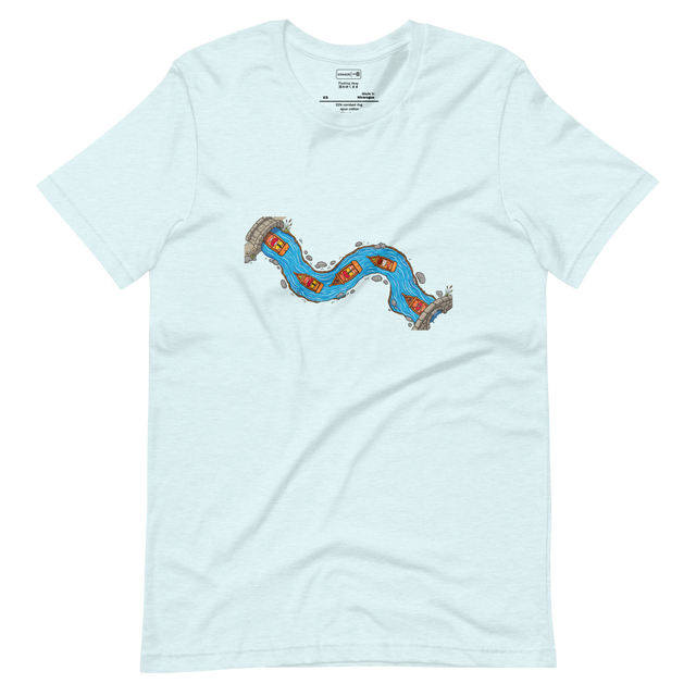 Bird's-eye view marker illustration of sushi boats traveling down a winding blue river on a short sleeve t-shirt.