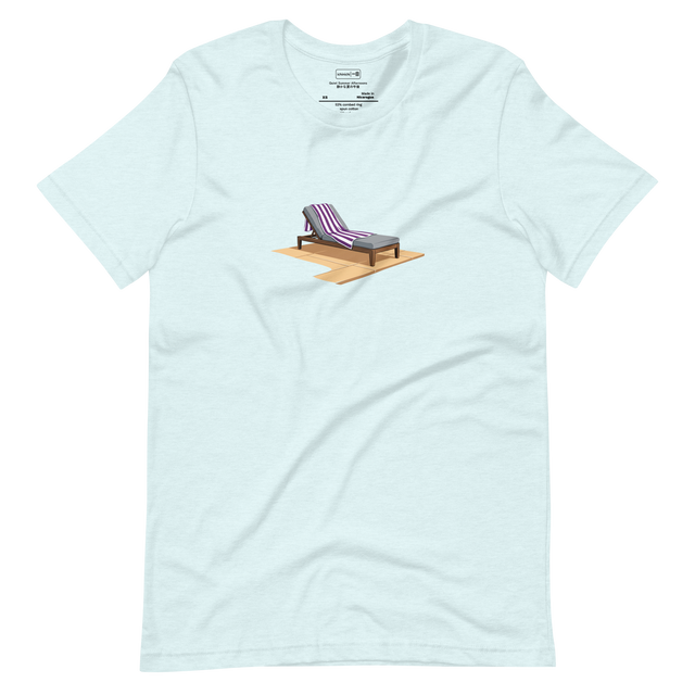 A short sleeve t-shirt featuring a painted graphic of a lounge chair with a striped towel next to a pool.