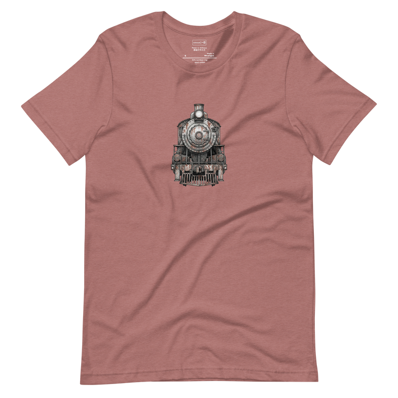 Minimalist front view illustration of an old steam train engine, T-Shirt design.