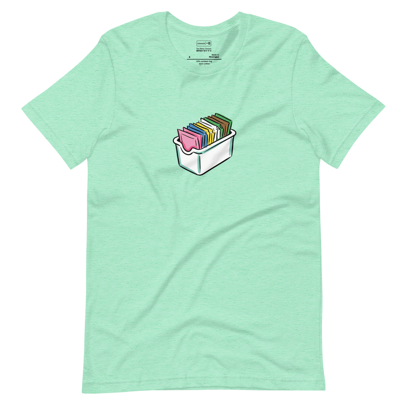 Graphic illustration of a cluttered restaurant sugar caddy with pink, blue, yellow, and green packets on a Unisex T-Shirt.