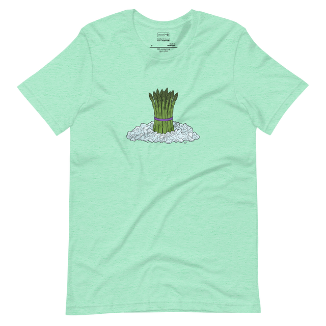 Hand-drawn colored pencil illustration of green asparagus in crushed ice with purple band, short sleeve t-shirt.