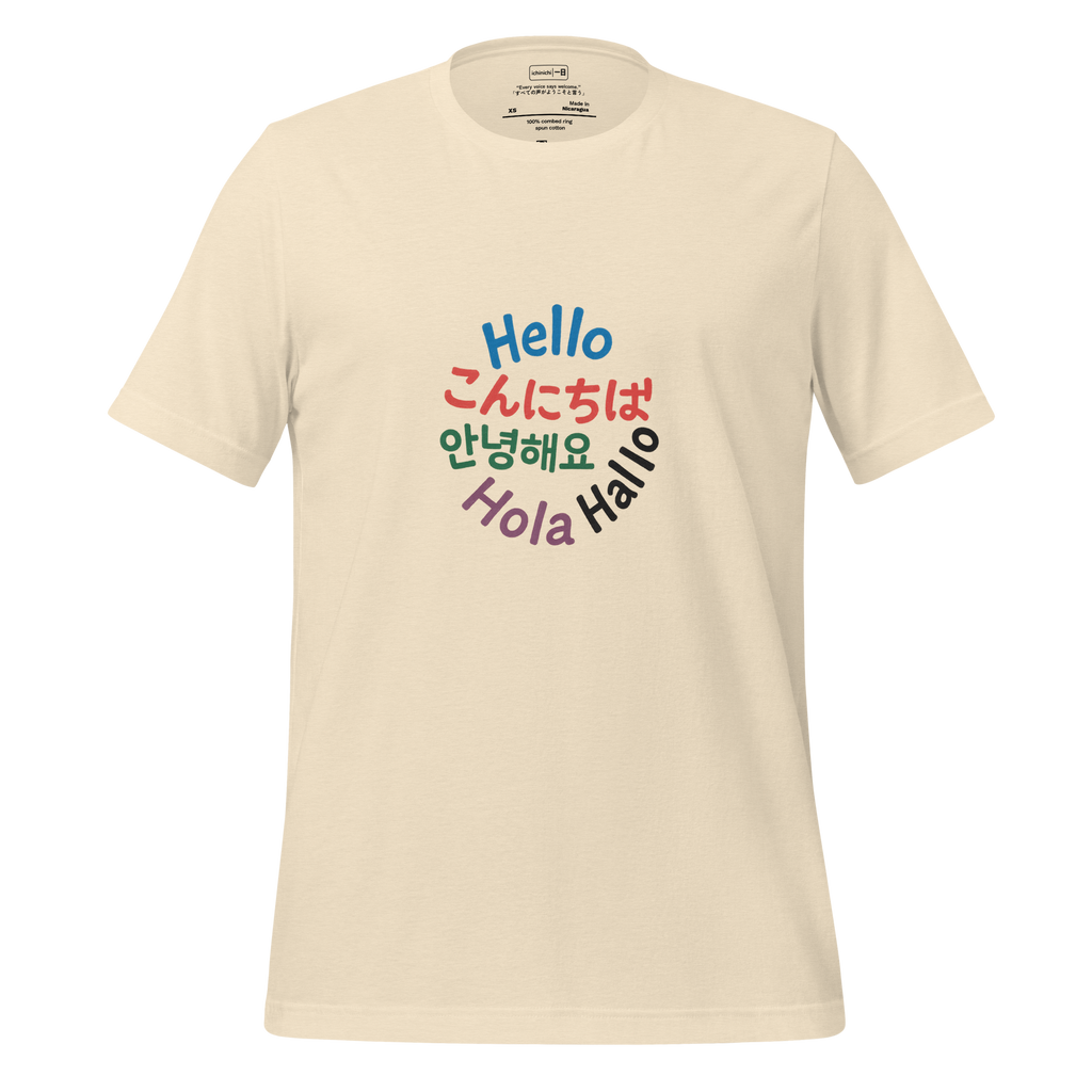 Minimalist typography design of the word Hello in English Japanese German Korean and Spanish
