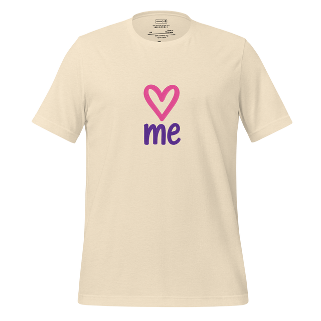 Minimalist heart above the word “me” representing self-love and acceptance in clean balanced design.