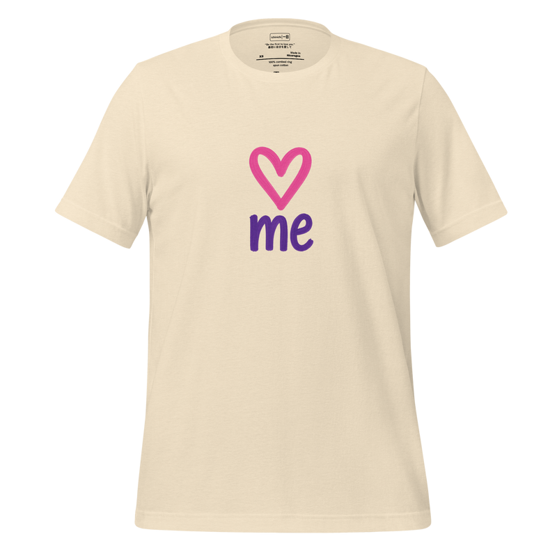 Minimalist heart above the word “me” representing self-love and acceptance in clean balanced design.