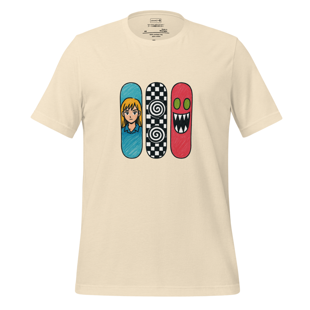 Minimalist illustration of three skateboards stacked vertically on a wall — one anime-inspired, one black-and-white checkered with swirls, one with a monster mouth smiling.