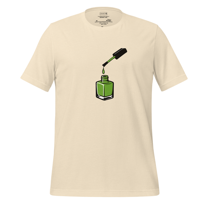 Minimalist illustration of bright green nail polish dripping from a brush above an open bottle, simple and modern.