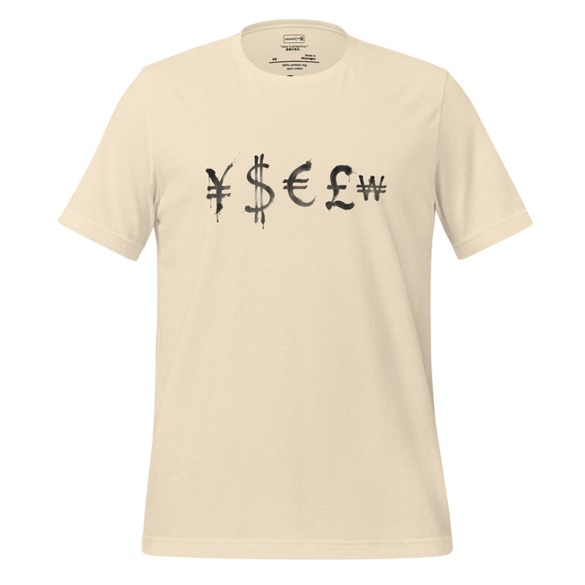 Minimalist T-Shirt design featuring Yen, Dollar, Euro, Pound, and Won currency symbols in balanced modern composition.
