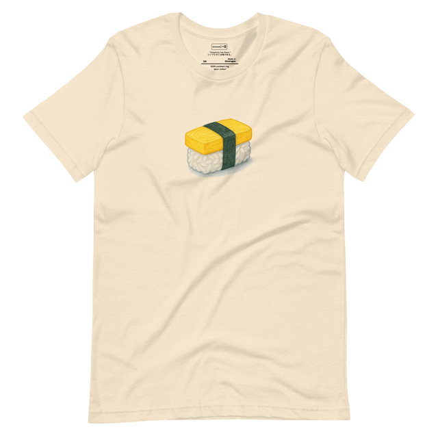 Minimalist T-Shirt design featuring a tamago sushi piece wrapped with a strip of dark green nori.
