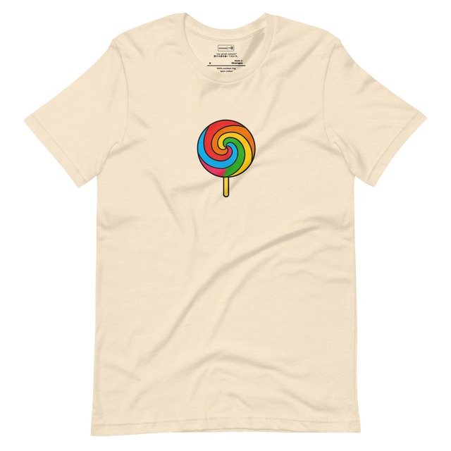 Minimal rainbow swirl lollipop design centered on a T-Shirt.
