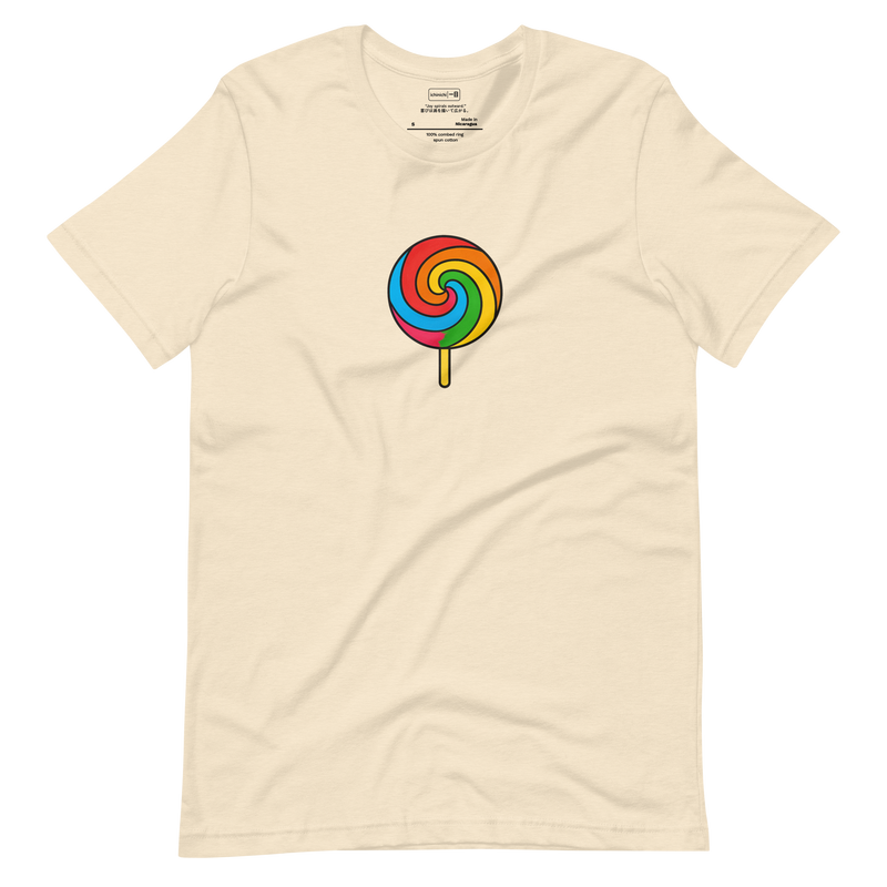 Minimal rainbow swirl lollipop design centered on a T-Shirt.
