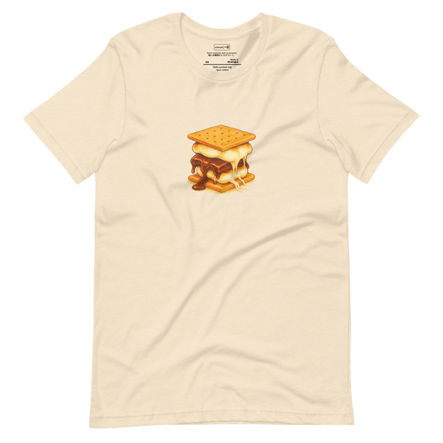 Minimal illustration of a super gooey s’more with melting chocolate and marshmallow on a T-shirt.
