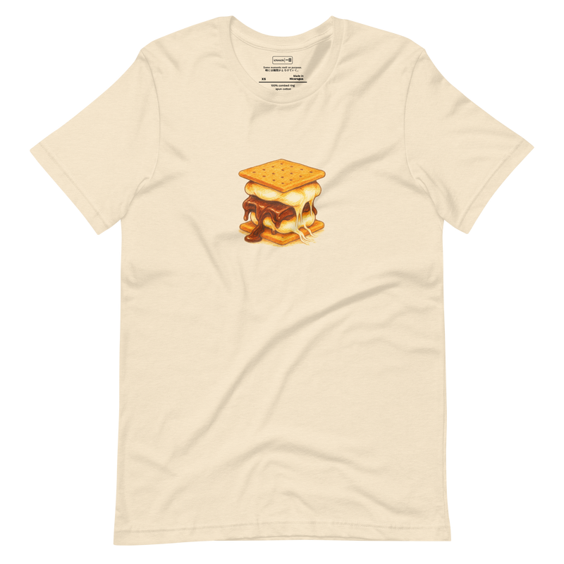 Minimal illustration of a super gooey s’more with melting chocolate and marshmallow on a T-shirt.

