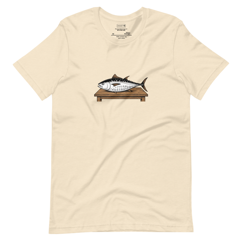 Minimalist line art of a large tuna on a wooden market table, Short Sleeve T-Shirt.