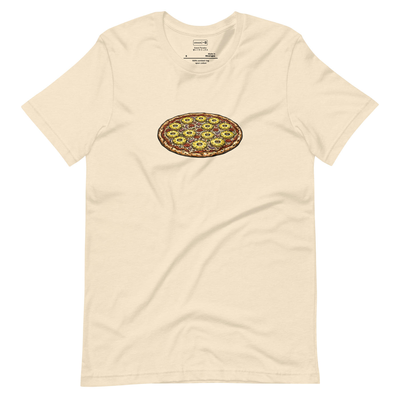 Minimalist marker illustration of a bird's eye view pizza with pineapple rings on a Short Sleeve T-Shirt.