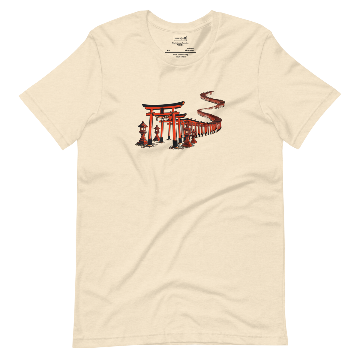 A professional digital illustration of red and orange torii gates in clean paint brush style on a Short Sleeve T-Shirt.