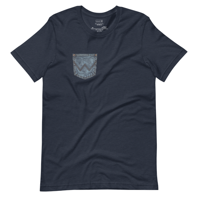 Minimalist line drawing of a denim jean back pocket on a Short Sleeve T-Shirt.