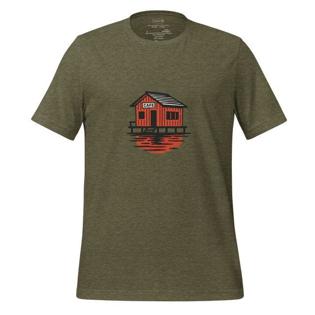 Minimal line illustration of a wooden café by a lake, reflected in the water.
