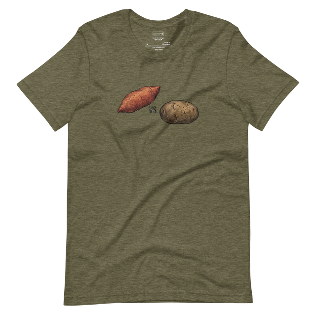 Detailed cross-hatch pencil illustration of a sweet potato and Idaho potato side-by-side on a Short Sleeve T-Shirt.