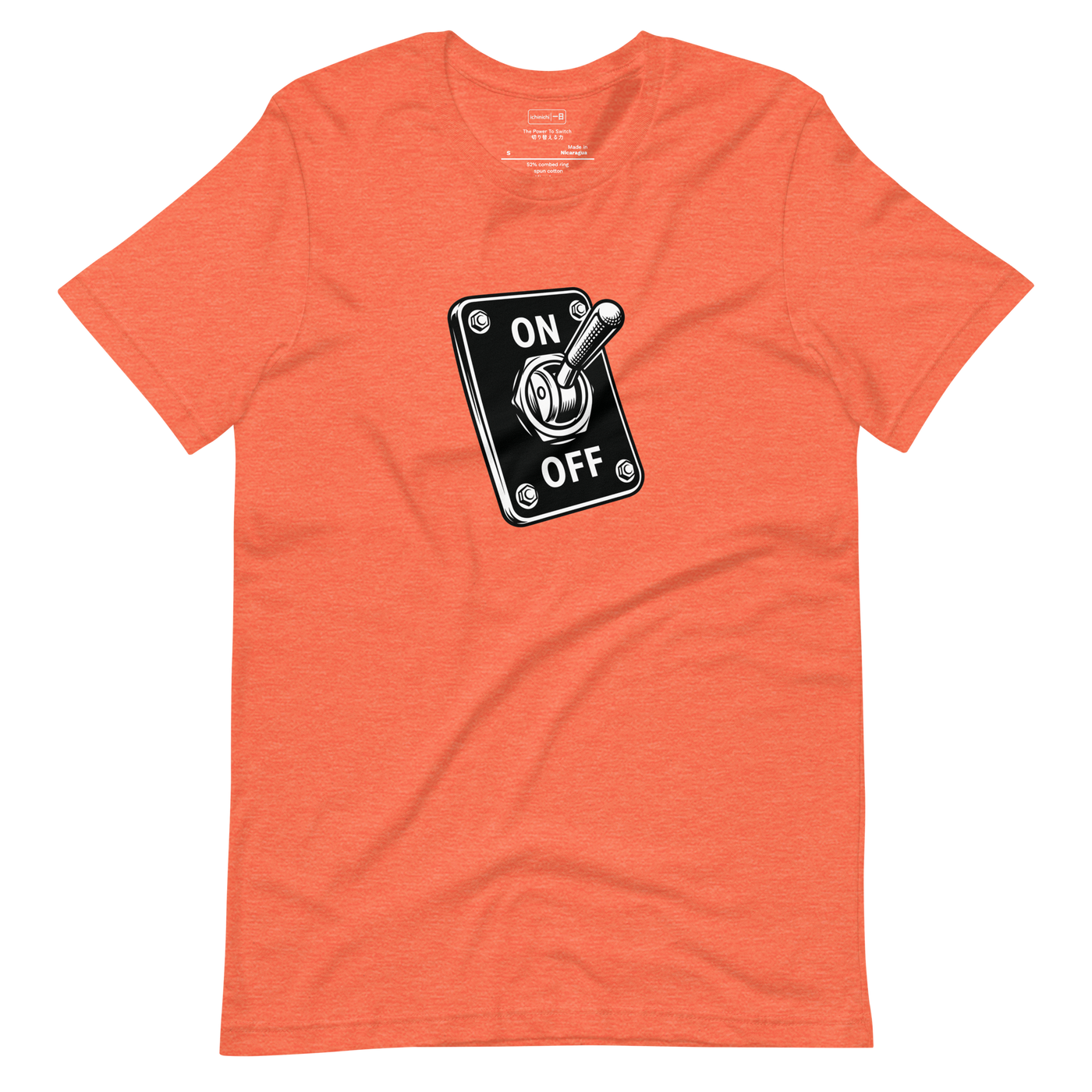 A black and white graphic of an ON/OFF switch printed on a flat Short Sleeve T-Shirt.