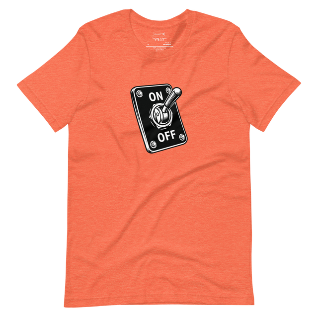 A black and white graphic of an ON/OFF switch printed on a flat Short Sleeve T-Shirt.