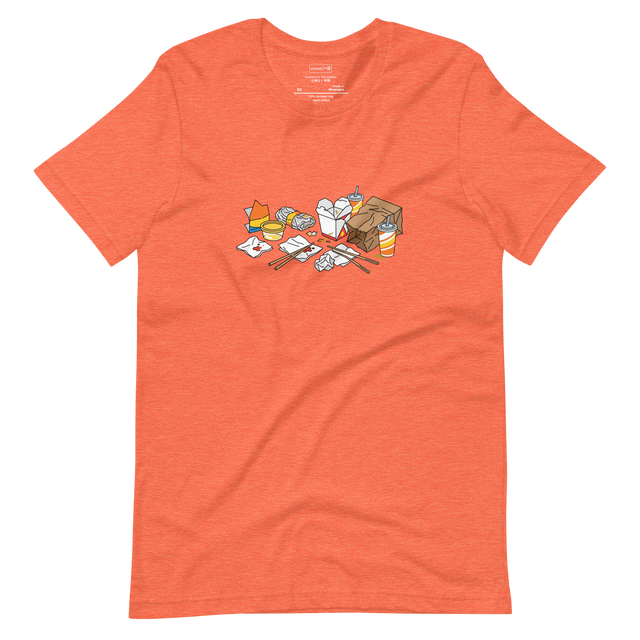 Short Sleeve T-Shirt featuring a vibrant line illustration of discarded takeout boxes, chopsticks, and crumpled paper bags.
