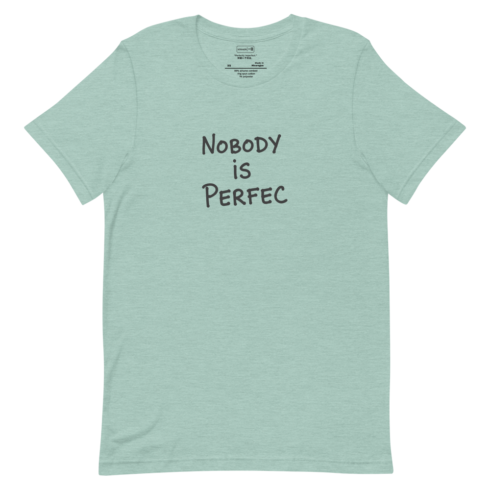 Minimalist T-Shirt design featuring the phrase “Nobody Is Perfec” in clean typography, symbolizing imperfection and humor.
