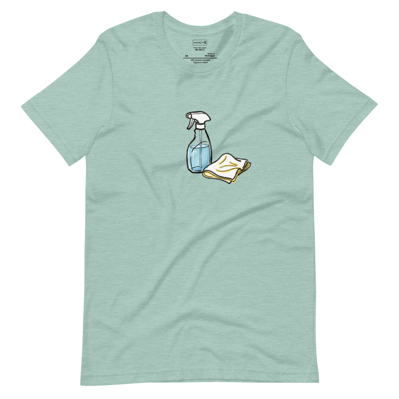 Minimalist T-Shirt graphic featuring a spray bottle and a crumpled rag.