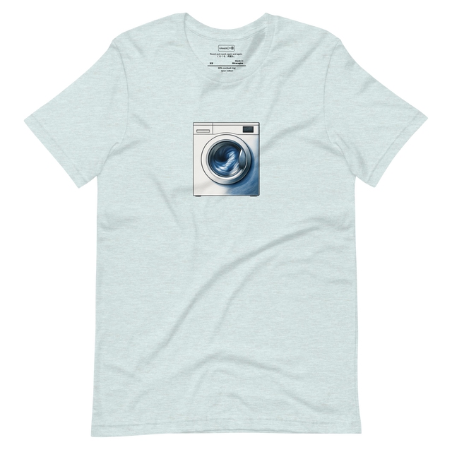 Abstract line art of a washing machine mid-spin on a minimalist t-shirt