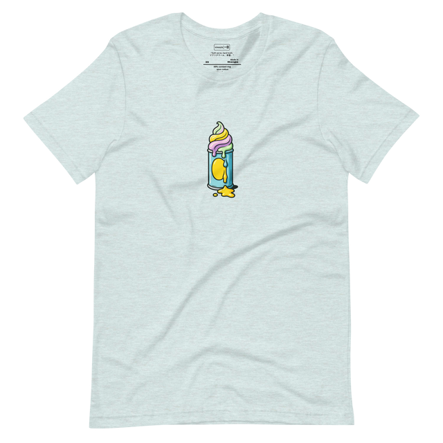 Illustrated spray paint can dripping with colorful ice cream on Heather Prism Ice Blue t-shirt
