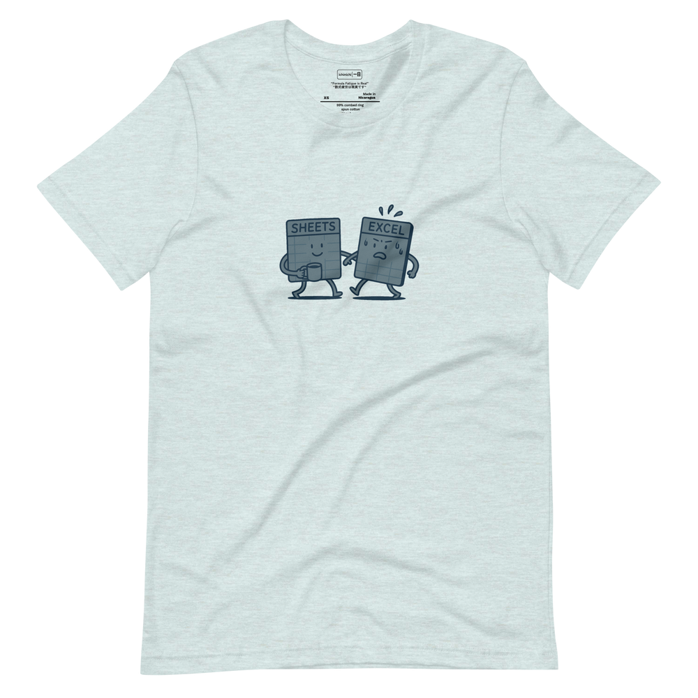 Graphic t-shirt showing a humorous Google Sheets vs Excel spreadsheet standoff