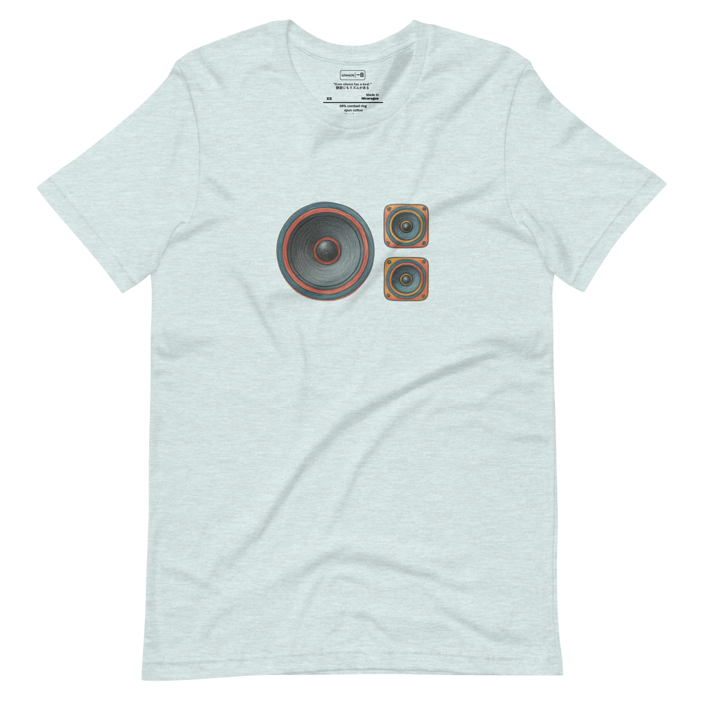 Colored pencil illustration of minimalist speaker layout, showing circles and subtle shading symbolizing rhythm and sound.