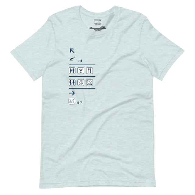 Architectural blueprint style illustration of airport terminal icons and directional signage on a Short Sleeve T-Shirt.