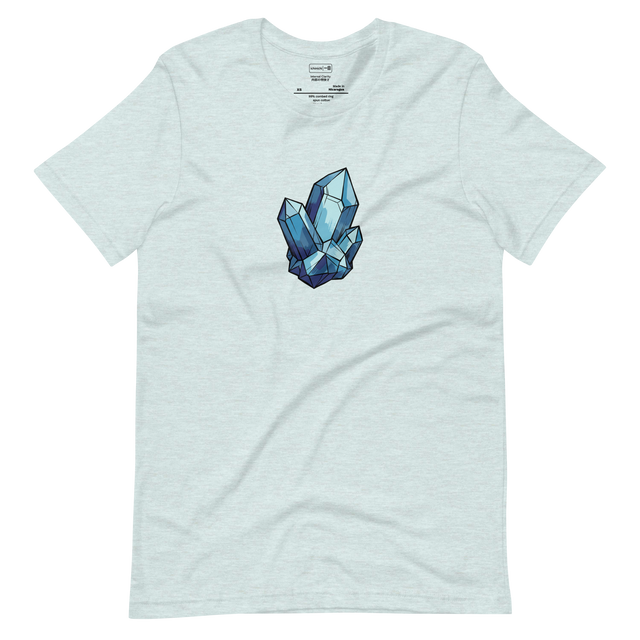 Ink wash illustration of blue quartz crystals with sharp facets on a short sleeve t-shirt.